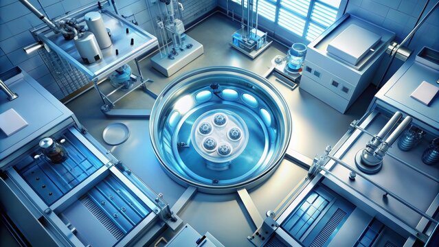 Top view of an invitro fertilization lab with a sci-fi tone, illustrating conception assistance, IVF