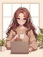 A young woman with long brown hair, wearing headphones and glasses, smiles as she drinks coffee and works on her laptop.