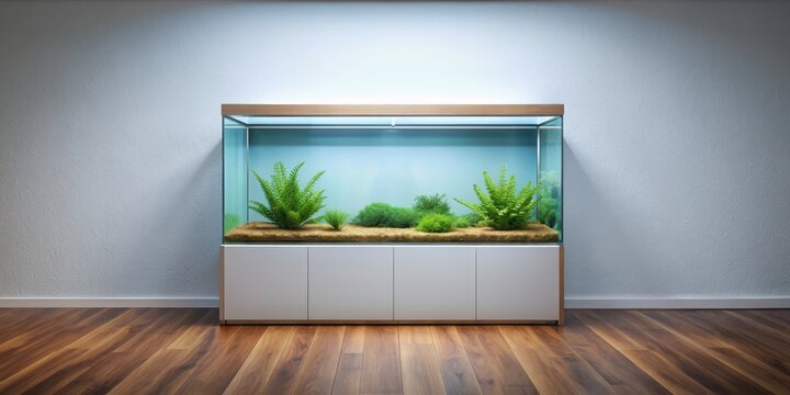 Half empty fish tank in a room , aquarium, glass, water, fish, empty, interior, home, half full, aquascaping, decoration
