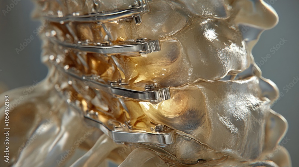 Poster a close-up of a model of the cervical spine, featuring multiple metal plates and screws. the model i
