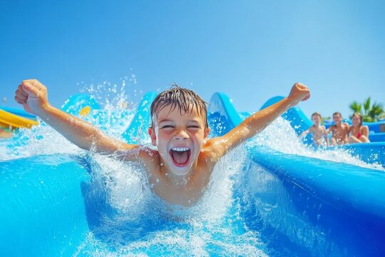 kid sliding down water slide - Powered by Adobe