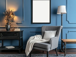 Modern Living Room with Blue Walls and Gray Armchair