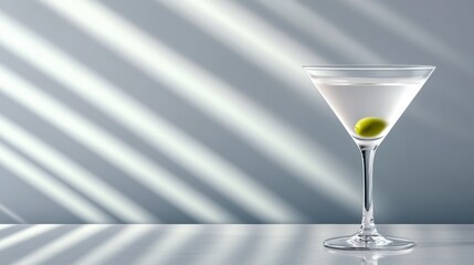 Martini glass with olive casting shadows on a sleek surface, AI