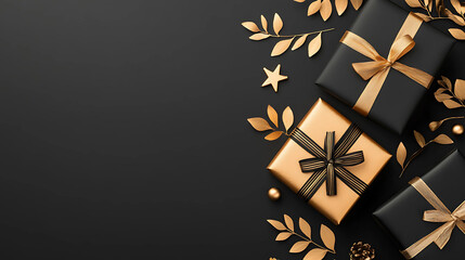 Black gift boxes with gold bows on black background. 3D illustration.