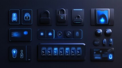 Futuristic Digital Interface with Glowing Blue Icons and Buttons on a Dark Background.