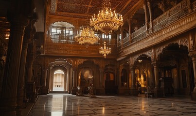 Obraz premium Ornate interior with chandeliers, arches and marble floor.