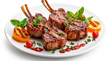 Delicious grilled lamb chops garnished with herbs, served with citrus and cherry tomatoes on a white plate.
