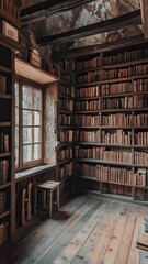 A small room with a window and a wooden bookshelf filled with books
