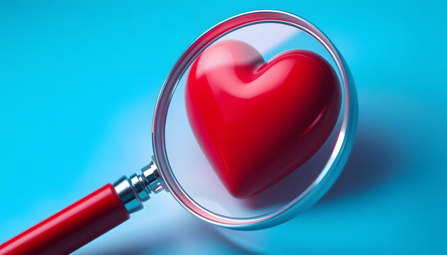 Red heart and magnifier. Looking for love cocept isolated with white highlights, png