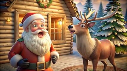 Santa Claus and Reindeer by Winter Cabin
