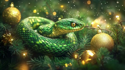 Fototapeta premium A vibrant green snake coils gracefully around pine branches adorned with golden ornaments. Soft snowflakes gently fall, enhancing the holiday atmosphere in a serene and natural winter scene.