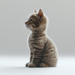 Adorable Side Profile of a Fluffy Striped Kitten Sitting Gracefully on a Plain Background