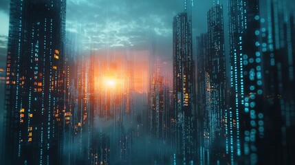 Futuristic city skyline at sunset with digital overlay and glowing lights