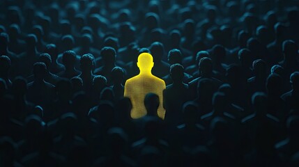 Obraz premium Glowing Figure in a Crowd: A Digital Art Exploration of Individuality