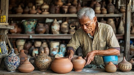 A man is working on a pottery project in a store