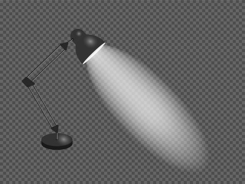 Realistic black table lamp. Lighting equipment. table lamp for interior design. Isolated black lamp on a transparent background. Vector image of lighting on desktop