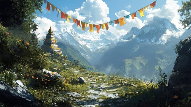 A mountain range with a path leading to a temple
