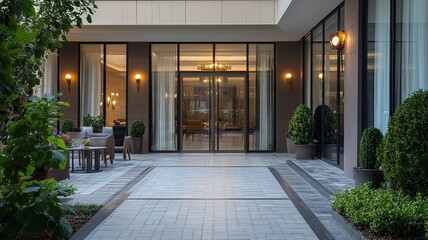 A large building with a courtyard in front of it