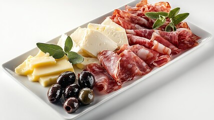 A white plate with a variety of meats and cheeses, including salami, cheese
