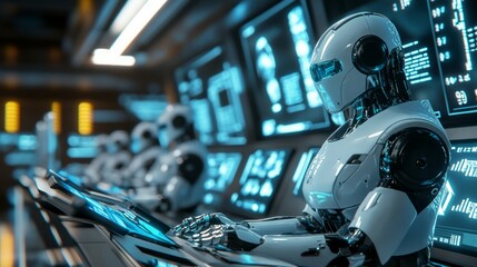 Fototapeta premium A row of sleek robots operating at trading terminals