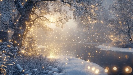 A snowy forest with a river running through it