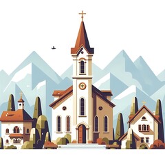 Naklejka premium Flat, isolated illustration of a traditional church with a tall steeple and cross on top. Simple design with clean lines and neutral colors, ideal for religious or architectural themes.
