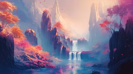 Enchanted Waterfall in a Misty Mountain Valley