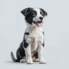 Adorable Black and White Border Collie Puppy Sitting with Tongue Out on Light Background - Perfect for Pet Lovers and Stock Photography Enthusiasts