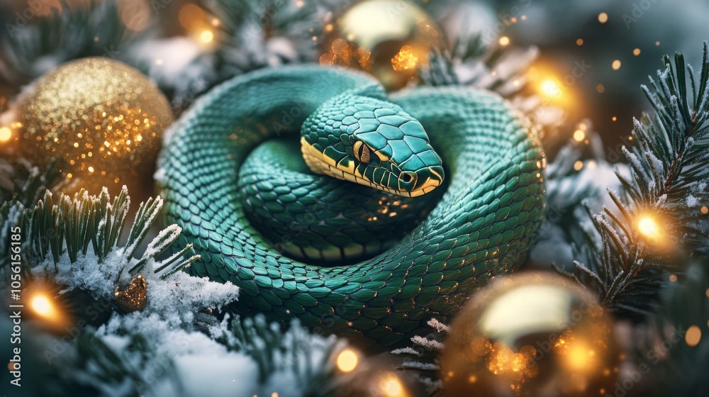 Poster A green snake with yellow markings around its eyes rests on a Christmas tree branch covered in snow. The snake is coiled up with its head facing the camera.