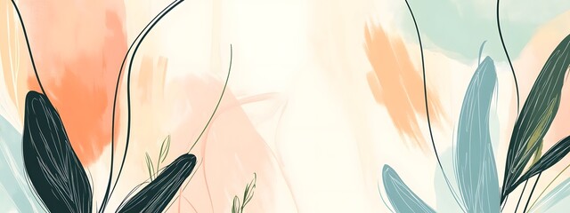 Abstract line art, botanical and boho shapes and lines, in muted colors of peach tones, pink blush, sage green, and blue hues, hand-drawn.