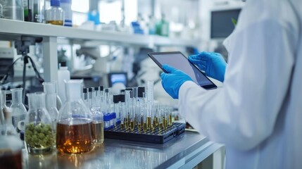 A lab bench filled with cannabis samples, extraction tools,
