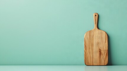   Wooden cutting board on blue wall against green background with wooden handle on table