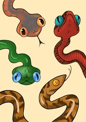 The four colorful snakes with big eyes on a beige background 