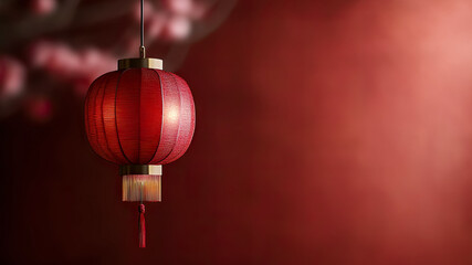 Card for congratulations on Chinese New Year, red paper lantern on red background with plum blossoms, space for wishing good luck and happiness