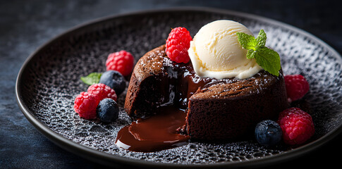 Chocolate lava cake with ice cream and berries.