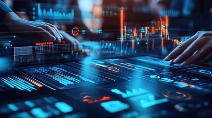 Two hands interacting with a digital interface showing data, graphs, and charts.