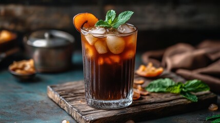 A rustic setting with a glass of iced tamarind juice, garnished with
