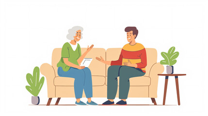 Cheerful elderly woman sitting on the sofa next to her adult son. Adult son and mom talk to each other.