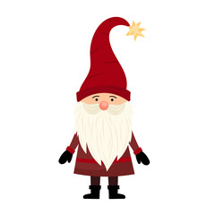 Cute Christmas gnome with long red hat and fluffy white beard on white background. Vector cheerful gnome in children's Christmas cartoon concept. For holiday decor, cards, posters, postcards.