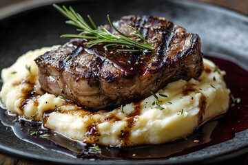 Grilled steak with mashed potatoes and a balsamic glaze.