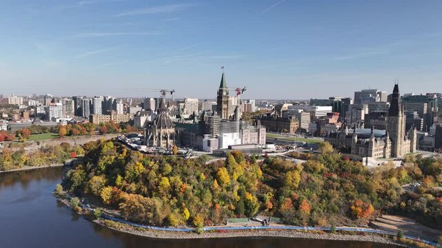 Flying around parliament hill close up autumn
