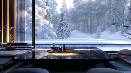 Minimalist living room with large window overlooking a snowy forest.