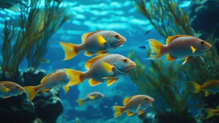 Obraz premium Colorful fish swimming in a vibrant underwater habitat with seaweed at midday