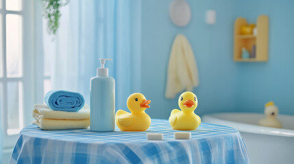 "This flat lay showcases baby care products on a white table from above, highlighting shampoo and body wash bottles for bath time, along with playful yellow rubber ducks."
