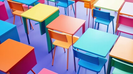 A variety of brightly colored student desks on a sleek, even background,