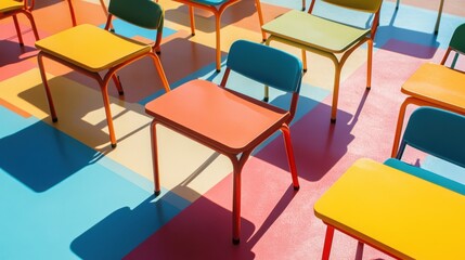 A variety of brightly colored student desks on a sleek, even background,