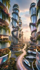 Naklejka premium Futuristic eco-city with lush greenery on high-rise buildings, illuminated by golden sunlight. The city features winding roads, advanced eco-friendly architecture, and sustainable design