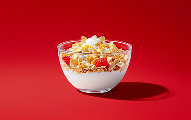 milk poured into muesli breakfast
