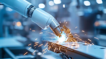 A robotic arm welding metal components, showcasing advanced technology and precision in modern manufacturing environments.