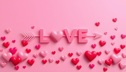 beautiful pink valentine background with love arrows and many hearts isolated with white highlights, png